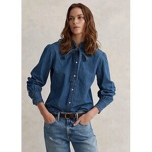 Polo Ralph Lauren Blue Denim Ruffle Neck-Tie Long Sleeve Blouse Shirt Women's 6